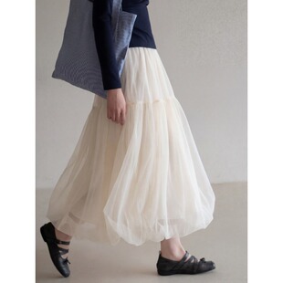 杏色网纱裙半身裙女春季短款法式纱裙高腰遮胯显瘦A字花苞蓬蓬裙