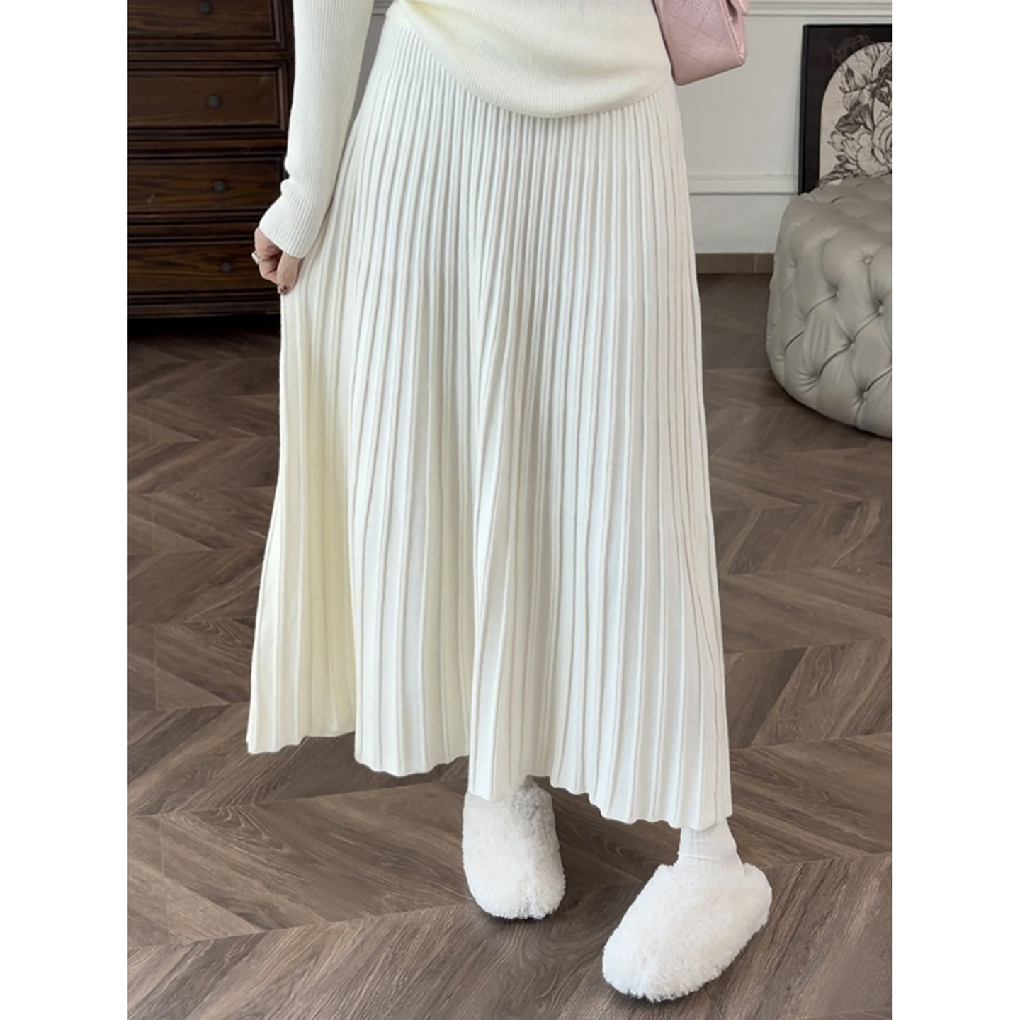 中长款百褶裙A字针织半身裙