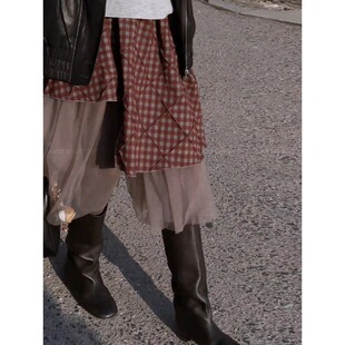 韩国东大门春夏新款 韩系小众设计感剪裁菱格拼接网纱不规则半身裙