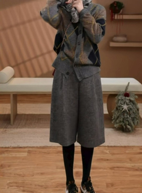 毛呢五分阔腿裤女秋冬胖mm大码加绒加厚直筒裤显瘦宽松七分毛呢裤