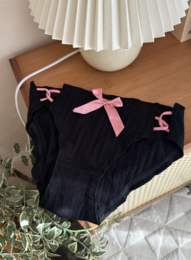 不晚工作室 纯欲镂空撞色黑粉色纯棉螺纹三角内裤