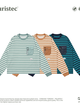 林肉肉【PURISTEC条纹印花长袖】大码休闲口袋T恤春季PSC25TS013