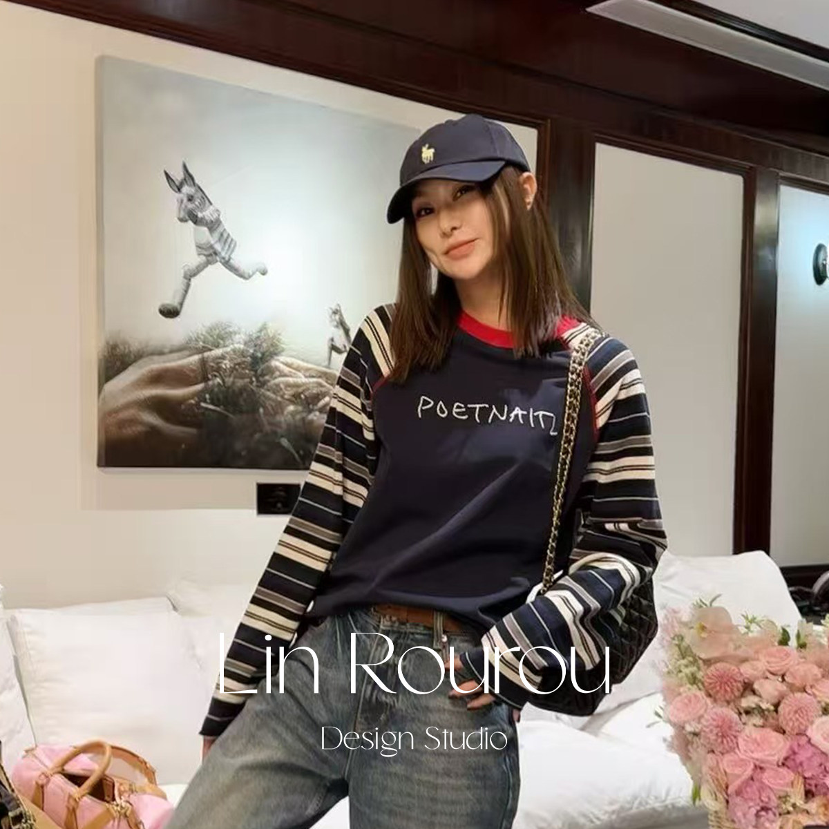 林肉肉【撞色拼接刺绣长袖】插肩袖套头卫衣女秋内搭打底T恤上衣,女装/女士精品,T恤,淘宝优惠券,粉丝福利购,淘宝优惠卷