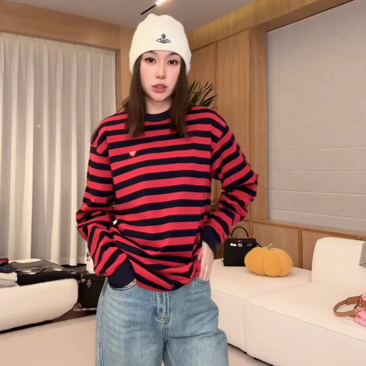 林肉肉【爱心条纹休闲长袖】撞色圆领内搭T恤女秋纯棉打底衫上衣,女装/女士精品,卫衣/绒衫,淘宝优惠券,粉丝福利购,淘宝优惠卷