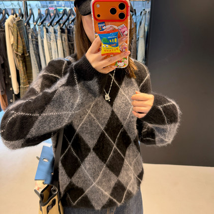 林肉肉【拉毛复古菱格毛衣】费尔岛羊绒针织衫女冬绵羊毛内搭上衣