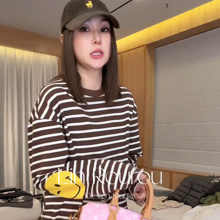 林肉肉【条纹笑脸长袖】撞色圆领内搭T恤女秋装设计感打底衫上衣