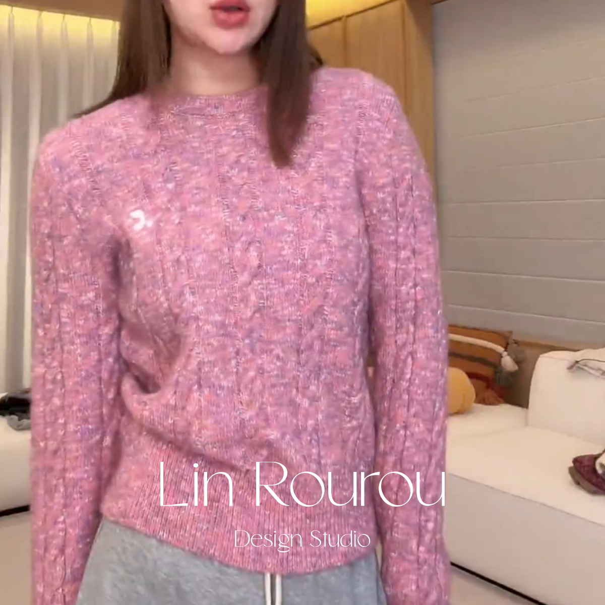 林肉肉【彩色麻花毛衣】绵羊毛纯色绞花粉色圆领宽松针织女毛衣