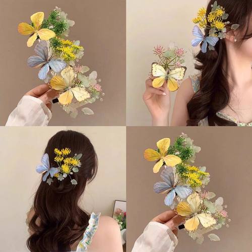 精致蝴蝶花朵发夹氛围感发夹唯美蝶恋花发夹汉服花枝配饰侧边夹