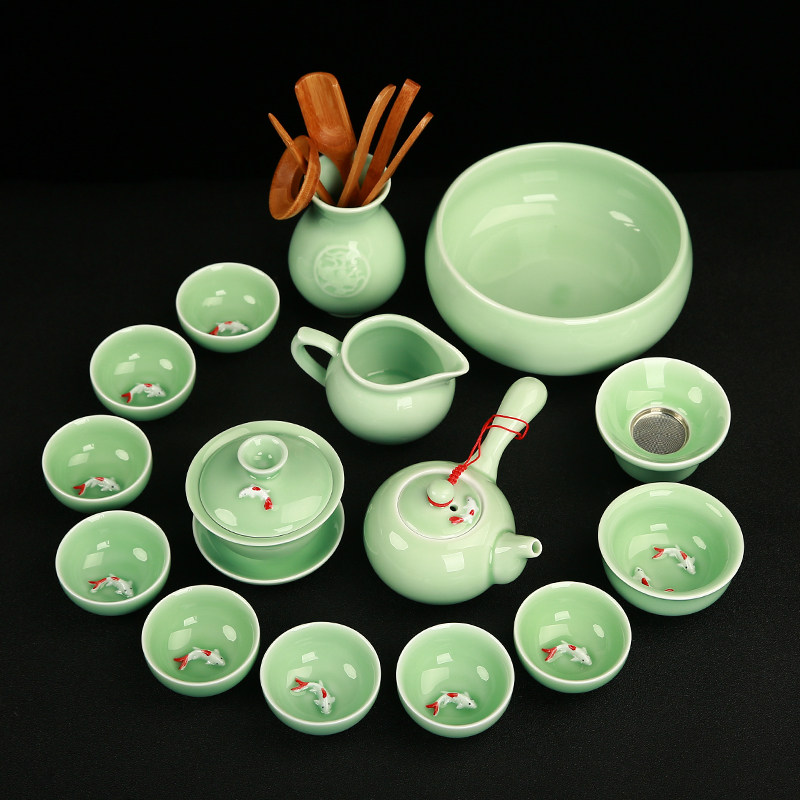 青瓷功夫茶具套装盖碗茶壶鱼杯套装青瓷彩鲤鱼家用陶瓷鲤鱼茶具,餐饮具,功夫茶具,淘宝优惠券,粉丝福利购,淘宝优惠卷