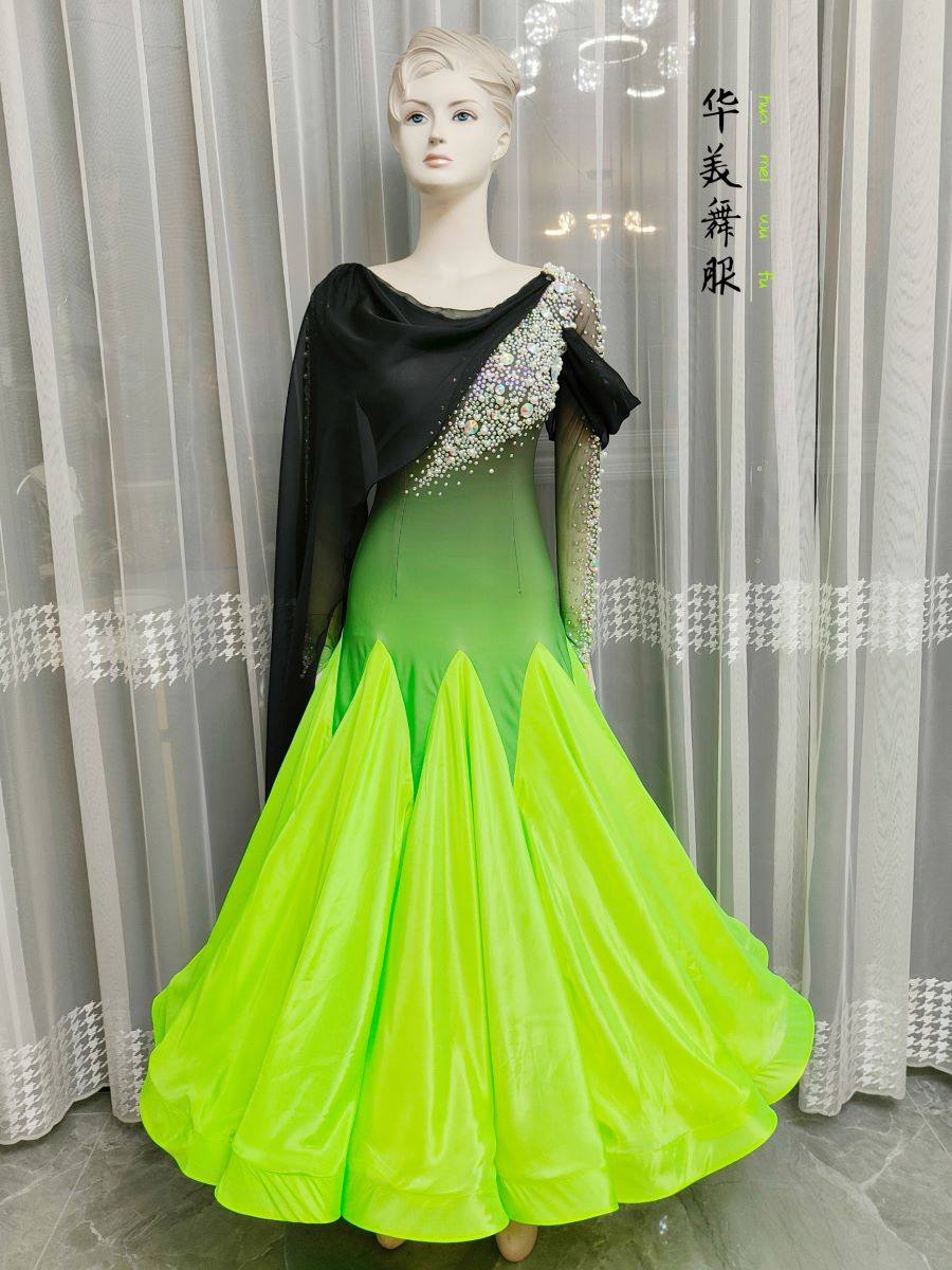 渐变色进口料国标摩登华尔兹探戈狐步交谊表演比赛舞服快步大摆裙