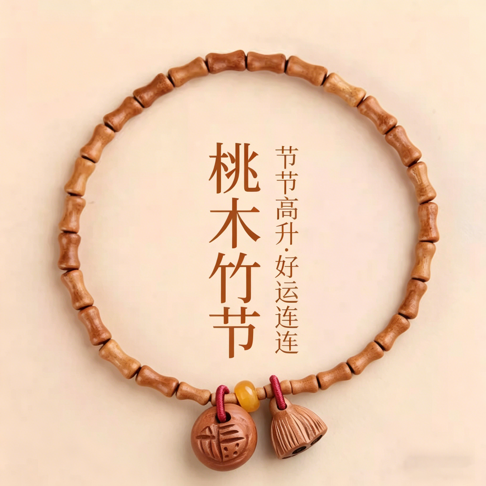 桃木小竹节手链男女节节高升好运连连龙纹桃核福字莲花手工编中式