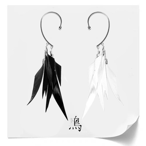 黑鸟长款羽毛无耳洞耳环