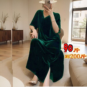 春秋夏季金丝绒连衣裙子直筒开叉