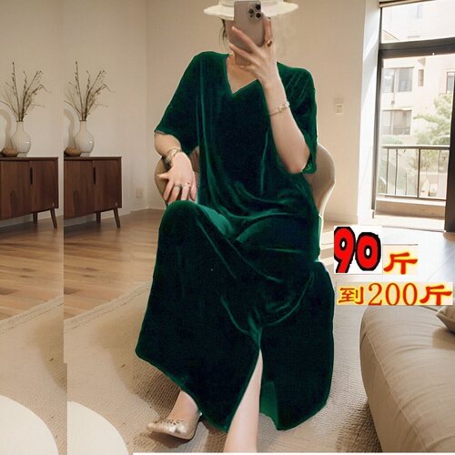 春秋夏季金丝绒连衣裙子直筒开叉