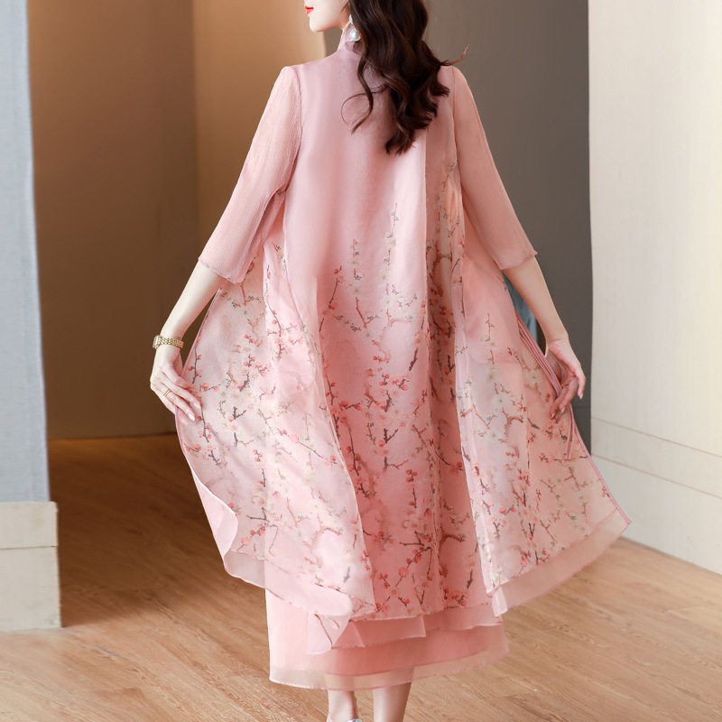 桑蚕仿真丝雪纺旗袍连衣裙大码胖mm春夏季气质遮肚打底仙女裙子唐