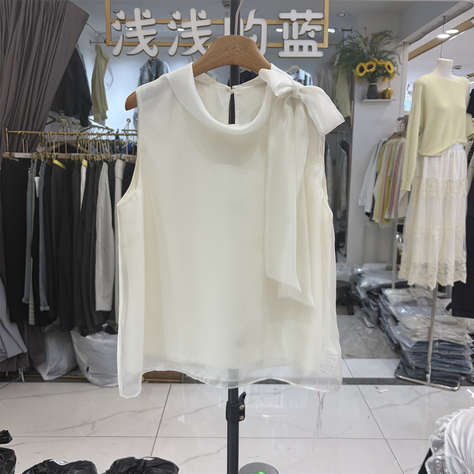 土布鱼7817正品夏新款韩系蝴蝶结无袖衬衫女宽松显瘦百搭纯色上衣