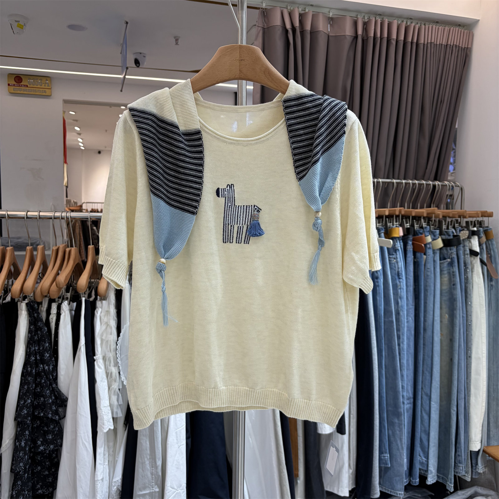 2026春夏韩版宽松重工艺刺绣卡通马配披肩短袖针织衫上衣女96061