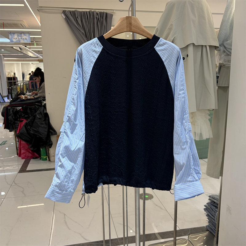 欧货65001正品宽松时尚下摆抽绳条纹衬衣袖麻花针织衫女2026春季