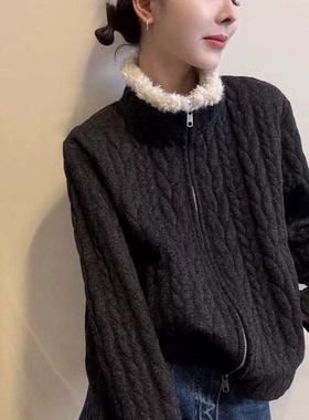 HMY31189正版冬季新款韩版时尚拼接羊羔毛领显瘦加厚开衫短外套女