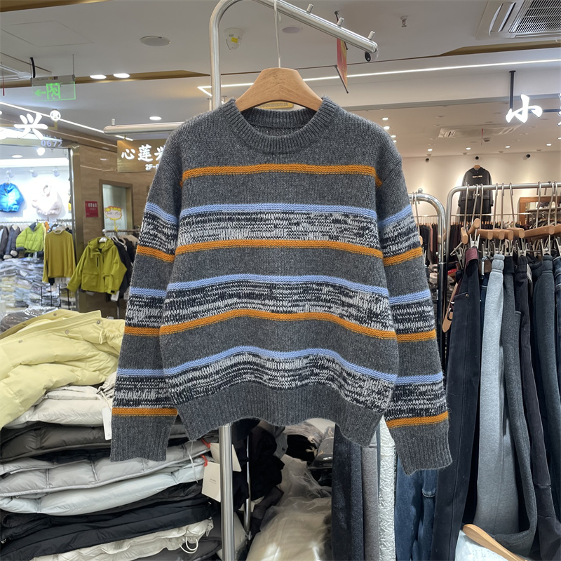 欧洲站2025冬季韩版宽松圆领显瘦撞色条纹套头绵羊毛针织衫毛衣女