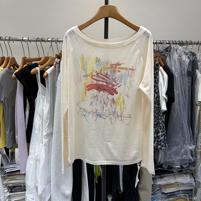 欧洲站2026春季韩系宽松时尚印花一字领露肩T恤衫防晒上衣女9168