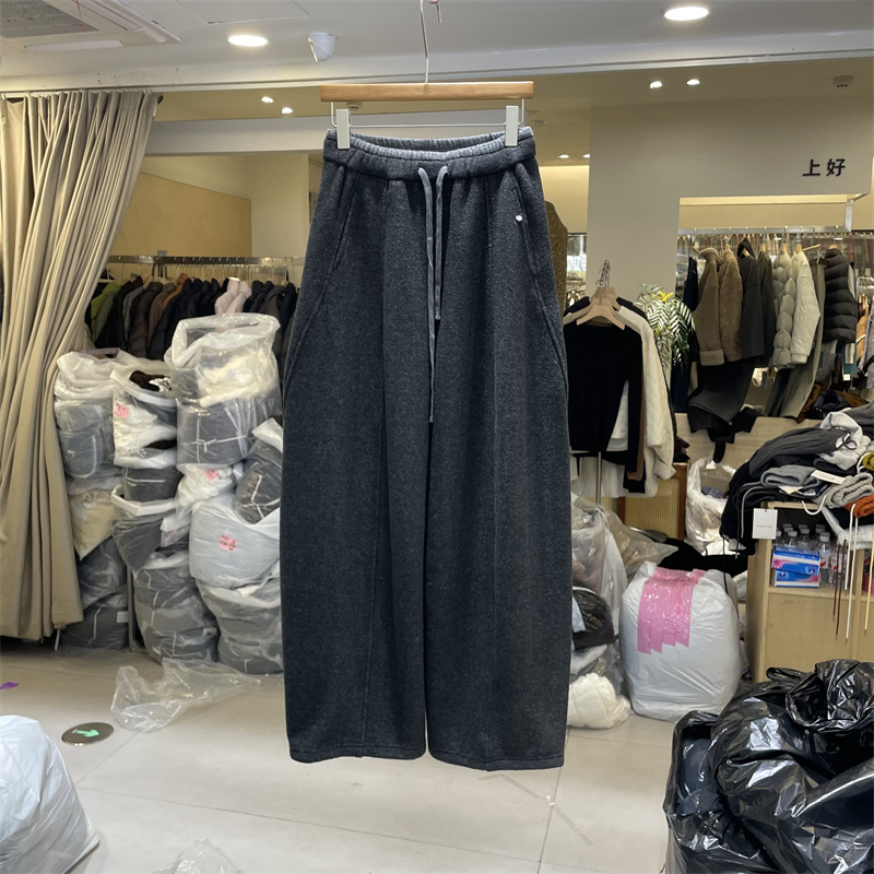 3R3正版冬季韩版抽绳松紧高腰宽松显瘦毛呢加绒休闲弯刀裤女66572