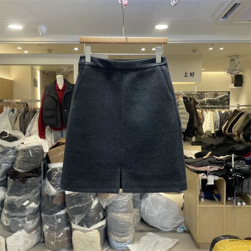 8090服饰B25950冬季韩系高腰灰色羊毛呢半身裙女百搭显瘦a字短裙