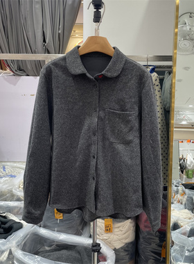 HMY31190冬季韩版灰色POLO翻领单排扣别致加厚磨毛长袖衬衫上衣女