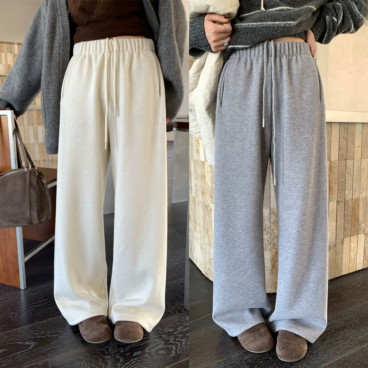 ECHOES OF LOVE9965冬季韩版松紧高腰加绒直筒糯米裤女阔腿休闲裤