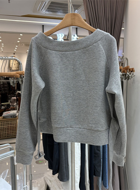 QM26H87正版春季新款韩系时尚宽松百搭一字领斜肩绑带套头卫衣女