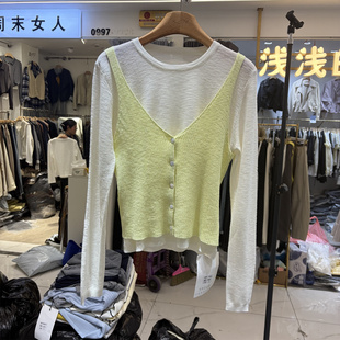 crayon蜡笔6951正品 韩系百搭长袖 冰丝针织衫 撞色两件套上衣女 春季