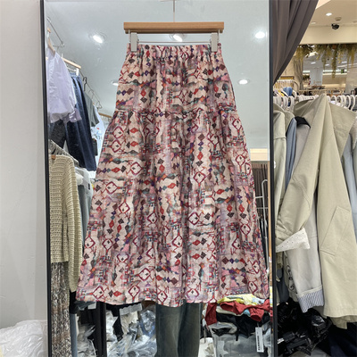 欧洲站2025年夏新品松紧腰显瘦时尚田园风中长款A字花色半身裙女