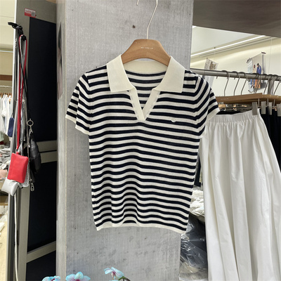 欧洲站2025夏季韩版时尚修身短款POLO领天丝羊毛针织衫短袖上衣女