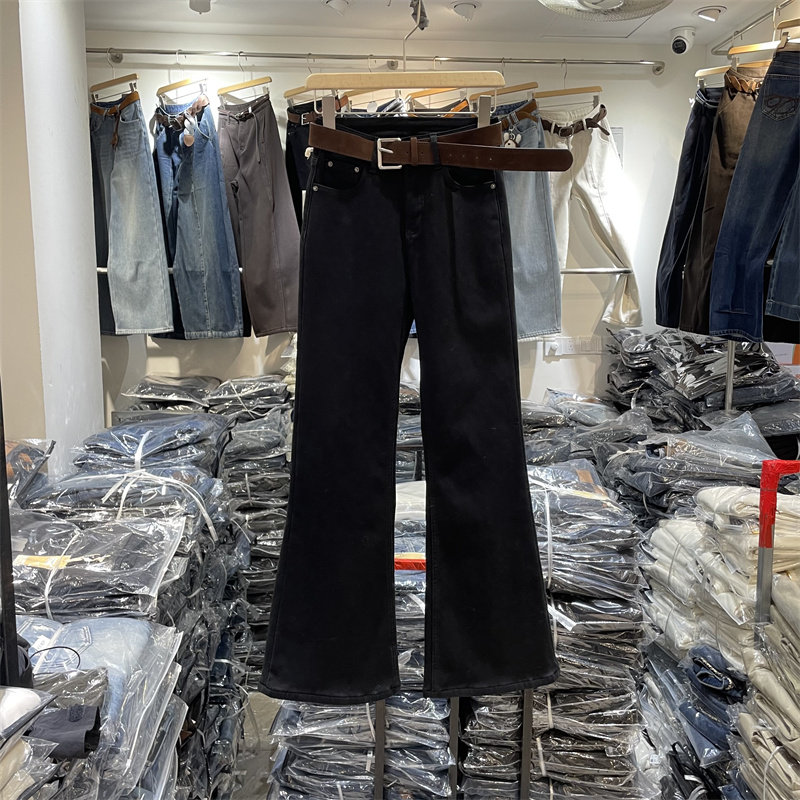 欧货3485正版冬季韩版弹力高腰显瘦修身百搭复合厚绒微喇牛仔裤女