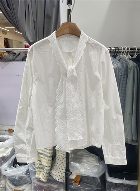2025早春新款韩版法式木耳边刺绣镂空飘带衬衫女白色上衣女55260