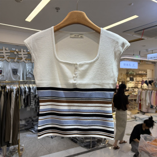 WeMe9922正版夏新款韩系法式方领撞色条纹飞机袖冰丝针织衫上衣女