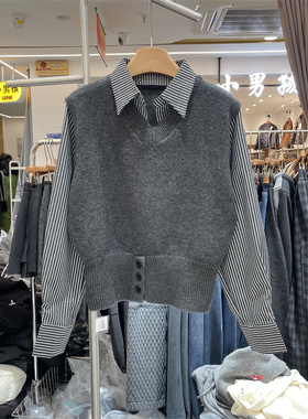 欧洲站2025冬韩版拼接条纹衬衫假两件羊毛针织衫女套头毛衣79168