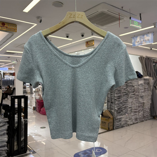 元熙263016正品春韩系简约百搭小个子V领短袖T恤短款打底衫上衣女
