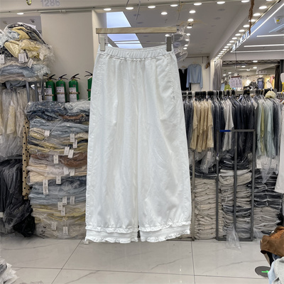 S-SHE韩国夏季新品松紧腰显瘦花边设计牛仔阔腿九分休闲裤女55969