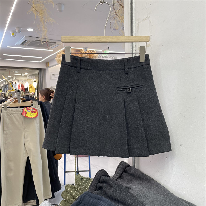 8090服饰25977正版冬季韩系高腰显瘦百搭A字半身裙防走光百褶短裙