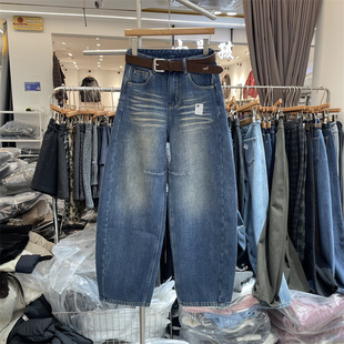 女 韩系高腰宽松显瘦做旧猫爪纹复合绒弯刀牛仔裤 欧货3575正版 冬季