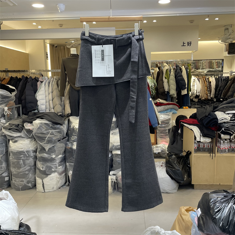 3R3正版冬季假两件屁帘高腰显瘦微喇叭裤女加绒毛呢休闲长裤66558