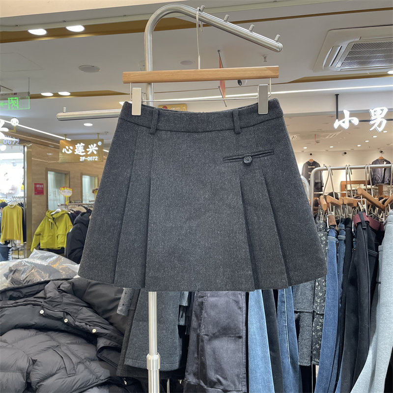 8090服饰B25977冬季韩系高腰毛呢加厚百褶半身裙a字防走光短裙女