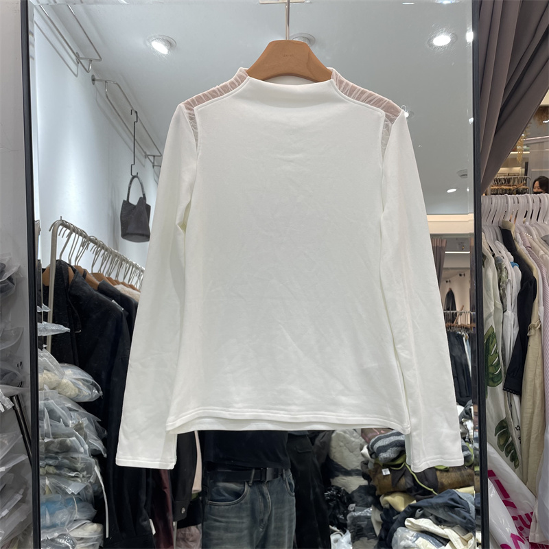 ONE12303正版2025冬季款韩版拼接网纱设计感磨毛T恤打底衫上衣女