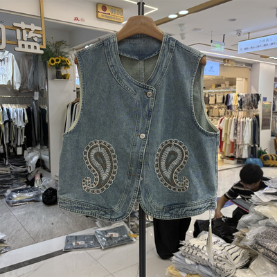 BUFAN布凡55005春季韩系时尚宽松重工艺刺绣无袖牛仔马夹短外套女