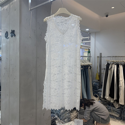 FANKO梵蔻8865正品春季韩系时尚V领开衩长款蕾丝钩花背心连衣裙女