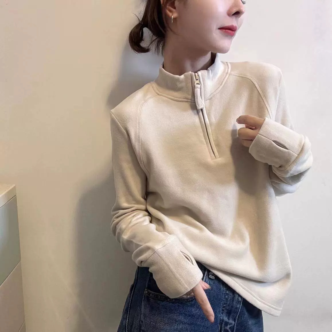 2025秋冬款韩系立领半拉链德绒长袖卫衣女修身保暖打底衫HMY31072