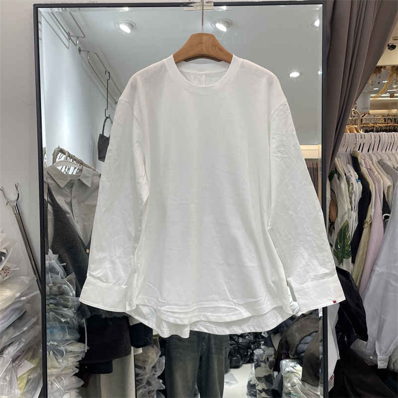 ONE12269正版冬季新款韩版拼接抽绳袖显瘦中长款白色T恤打底衫女