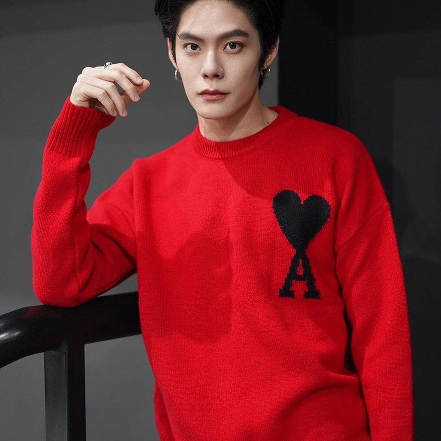 欧洲男明星同款圆领红色毛衣