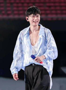 张杰演唱会同款蓝色提花衬衣男抽绳漏背个性宽松慵懒演出衬衫外套